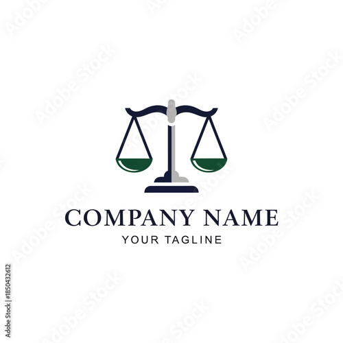 A logo featuring a classic dark blue and grey scale of justice with green-filled pans, symbolizing balance and fairness, above placeholder text "COMPANY NAME" and "YOUR TAGLINE".