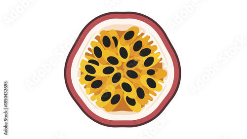 Vibrant passion fruit half showcasing lush golden pulp with numerous dark seeds against its deep purple skin offering a tempting view of its fresh