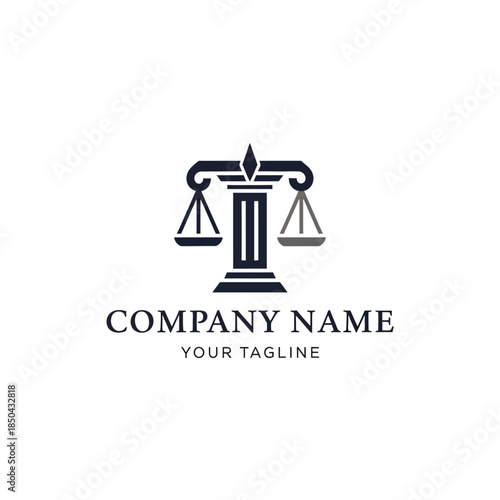 Elegant logo design featuring scales of justice balanced on a classical pillar, representing law, fairness, and legal services for a company.