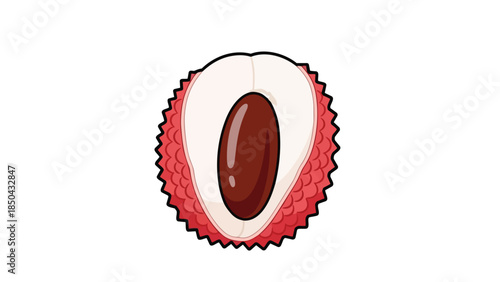 Vivid cartoon illustration of a lychee fruit cut in half, showcasing its textured red peel, translucent white flesh, and distinct dark brown seed,