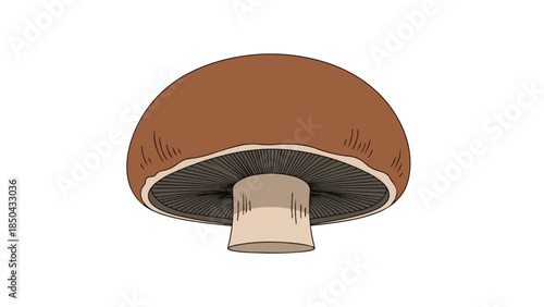 A captivating vector illustration showcasing a single brown mushroom with its iconic domed cap and meticulously detailed dark gills on a pale stem