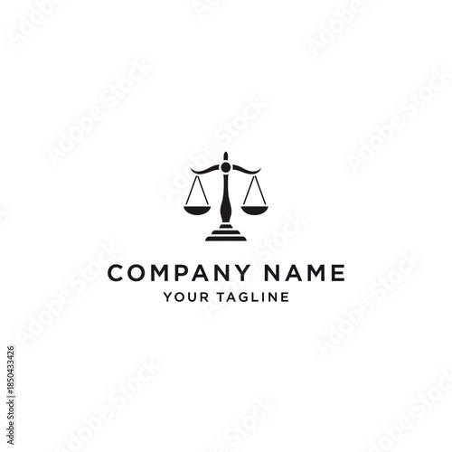 A black and white logo featuring a classic scale of justice icon with placeholder text "COMPANY NAME" and "YOUR TAGLINE" below it, on a clean white background.