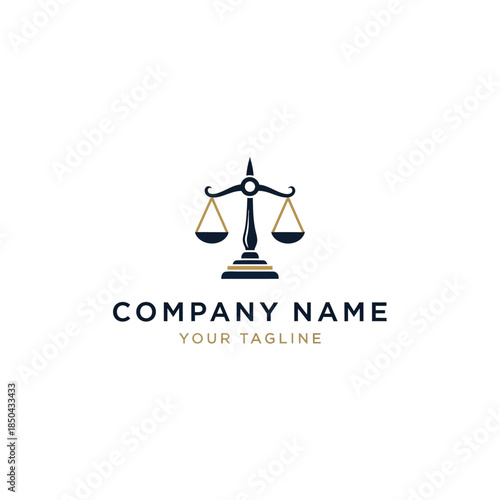 A professional logo design featuring a classic scale of justice in dark blue and gold, with placeholder text for company name and tagline, set against a clean white background.