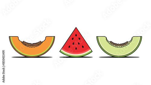 A delightful trio of melon slices including bright red watermelon, sweet orange cantaloupe, and cool green honeydew, perfect for health and summer