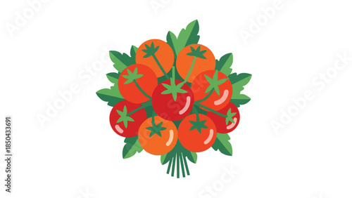 Vibrant cluster of freshly harvested garden tomatoes with verdant leaves in a minimalist graphic style
