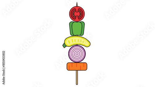 A vibrant illustration of a fresh assortment of colorful vegetables expertly stacked on a skewer, showcasing healthy eating and culinary preparation