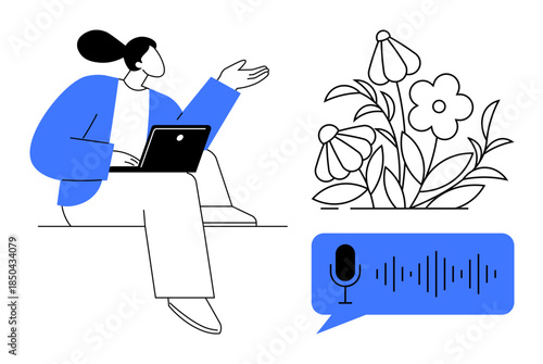 Digital communication, work from home, eco-friendly tech, creative thinking, nature integration, innovation. A person with a laptop and flowers with voice recognition icon. Digital communication