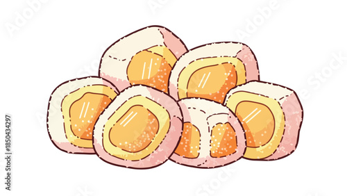 A charming illustration depicts soft, pastel-colored dessert rolls featuring a vibrant sweet orange-yellow interior, perfect for showcasing
