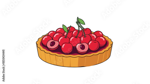 A charmingly rendered cartoon cherry tart, bursting with succulent red fruit and vibrant green leaves, showcasing a freshly baked dessert with