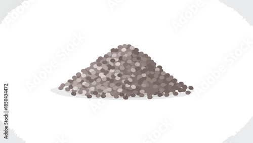 Minimalist flat design illustration depicting a compact heap of uniformly dark, small, round objects meticulously arranged on a pristine white