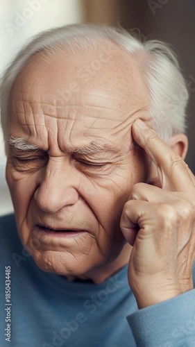 Close-up portrait of a senior Caucasian man with white hair, eyes closed, touching his temple with a pained expression, suggesting headache, stress, or deep thought.