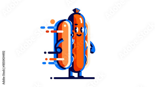 Funny hot dog cartoon mascot character in flat vector style with motion lines isolated on white background
