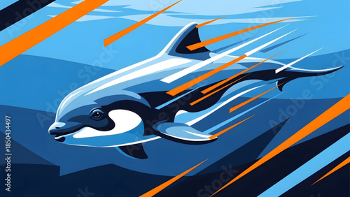 Fast swimming dolphin vector illustration with dynamic motion lines, abstract marine life concept in blue and orange flat style
