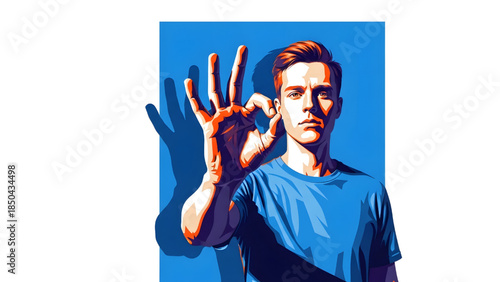 Young man showing okay hand gesture, flat vector illustration of positive approval and agreement in blue and orange style