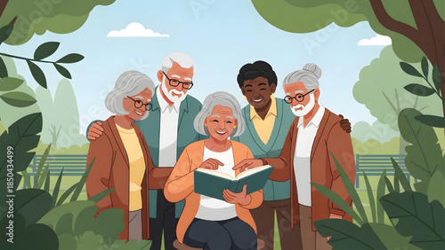 Diverse group of happy senior friends reading a book together in a sunny park, active elderly lifestyle flat vector illustration