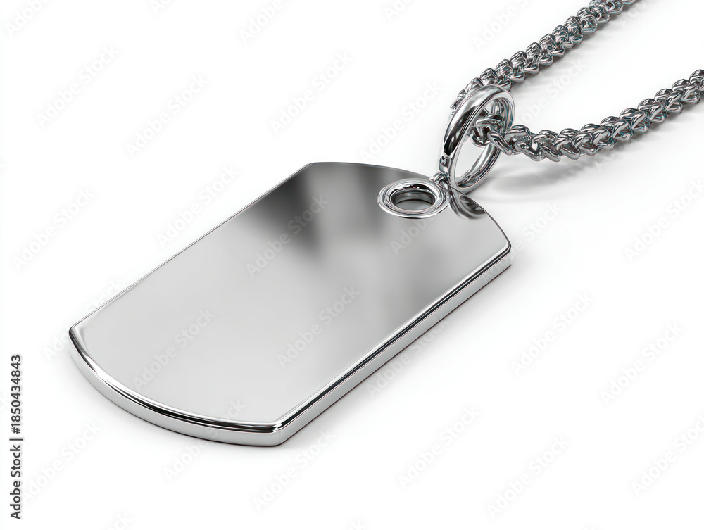 Fototapeta premium A shiny silver dog tag necklace on a chain.