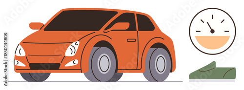 Orange car with wheels, a speedometer indicating speed, and an accelerator pedal. Ideal for driving, transportation, travel, mechanics, speed control safety and automotive concepts. Simple flat