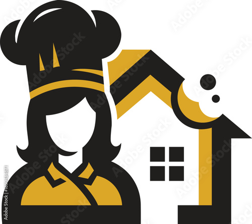 Vector illustration of a cartoon house where a 3d police officer character in uniform and hat stands on security work as a business person icon