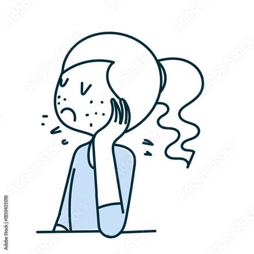 Cute cartoon girl with acne feeling sad in hand drawn style  