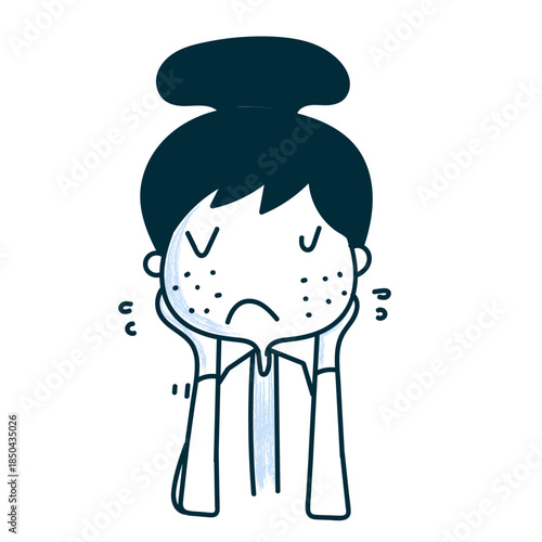 Cute cartoon girl with acne feeling sad in hand drawn style  