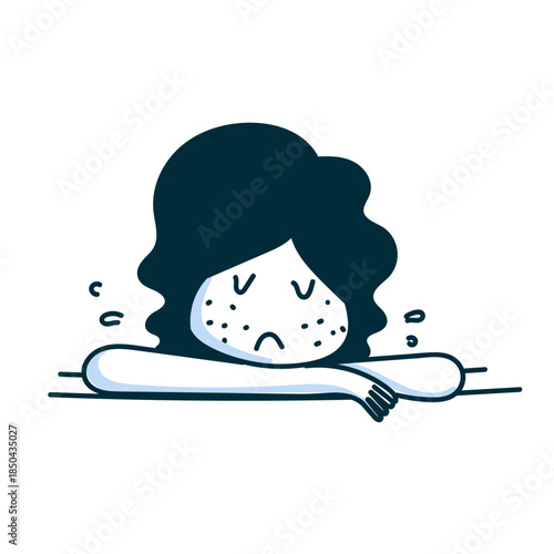 Cute cartoon girl with acne feeling sad in hand drawn style  