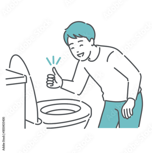 トイレで便の状態を確認してOKサインを出す男性のイラスト（大腸カメラ前処置・健康管理）