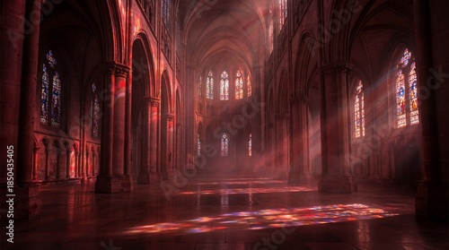 Gothic Cathedral Interior with Red Sunbeams and Stained Glass Windows