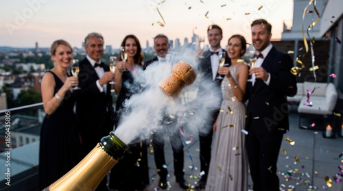 Champagne Bottle Cork Popping with Smoke and Confetti at Rooftop Party