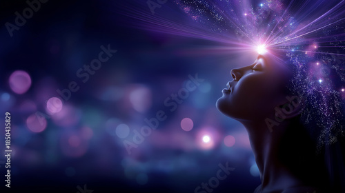 Wallpaper Mural Faceless woman silhouette connecting to the universe, purple stream of consciousness flowing upward from the crown chakra, abstract background, defocused, with copy space Torontodigital.ca