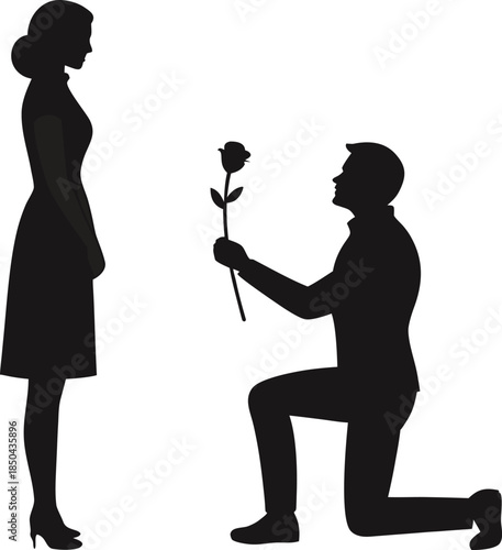 Man proposing with rose to woman silhouette proposal