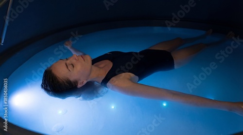 Calm Woman Floating in Sensory Deprivation Tank at Wellness Spa
