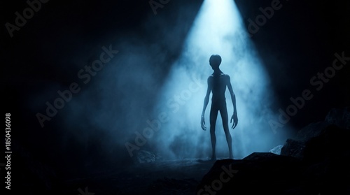 Silhouette of Alien Creature Standing in Blue Spotlight Beam with Fog