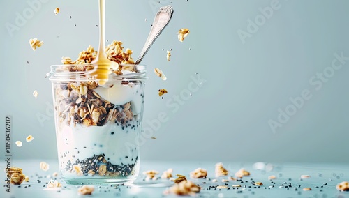 A clear glass jar with layers of yogurt, granola, seeds, and honey being poured on top