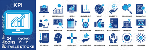 24 editable blue KPI icons for business dashboards. Covers performance, analytics, targets & strategy. Perfect for reports & presentations. solid vector