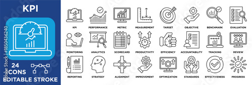 KPI icon collection set. Containing performance, target, analytics, and strategy for business dashboards. vector outline