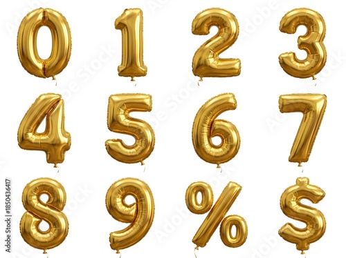 Collection of 3D Golden Foil Balloon Numbers and Symbols