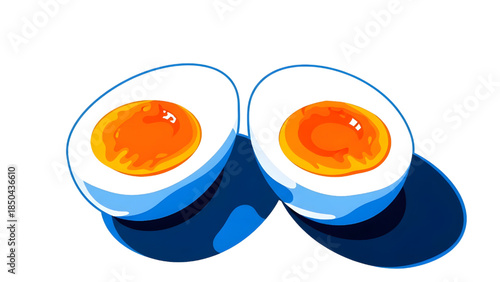 Two boiled egg halves with bright orange yolks, flat vector illustration of healthy breakfast and protein food in blue and orange style