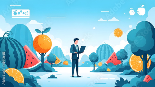 Businessman with laptop in a surreal abstract landscape of giant fruit, flat vector illustration of digital nomad and healthy lifestyle concept