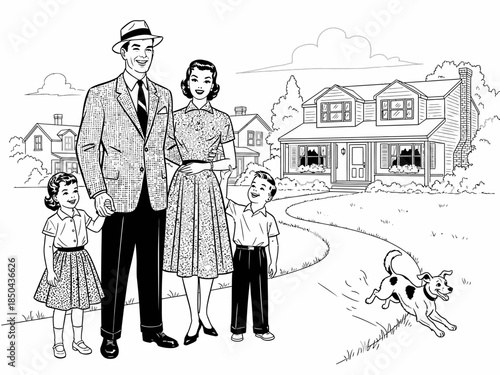 Vintage 1950s Suburban Family Illustration with House and Dog