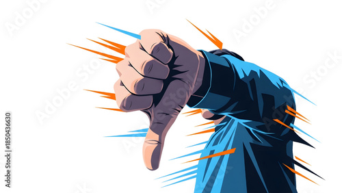 Thumbs down hand gesture with dynamic motion lines, flat vector illustration of negative feedback, disapproval, and failure in blue and orange style