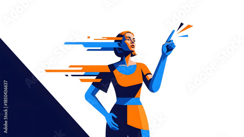 Confident woman pointing up with dynamic motion lines, flat vector illustration of vision, leadership, and success in blue and orange style