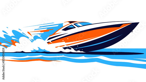 Fast luxury speedboat racing on ocean waves, flat vector illustration of a powerboat with dynamic motion lines for travel and vacation concepts
