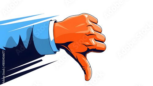 Thumbs down hand gesture with dynamic motion lines, flat vector illustration of negative feedback, disapproval, and rejection in blue and orange style