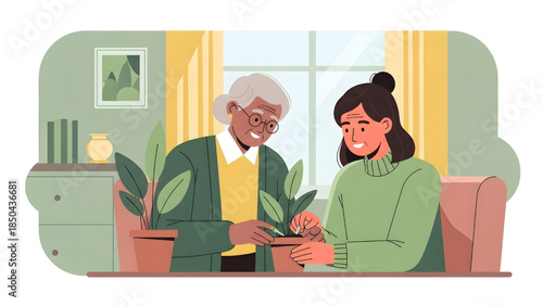Senior women planting indoor houseplants together, flat vector illustration of elderly friends gardening and wellness at home