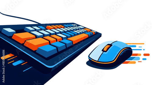 Modern computer keyboard and fast moving mouse with dynamic motion lines, flat vector illustration of gaming and high-performance computing concept
