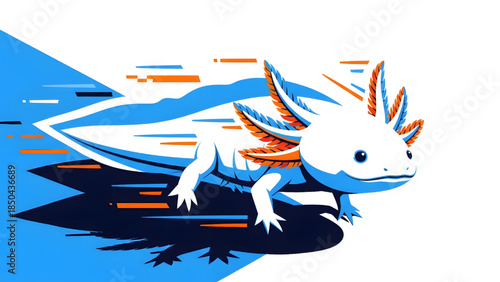 Cute white axolotl swimming with dynamic motion lines, flat vector illustration of Mexican salamander in blue and orange aquatic style