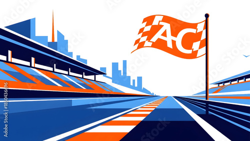 Professional race track with grandstands and checkered flag, flat vector illustration of car racing circuit and competition stadium