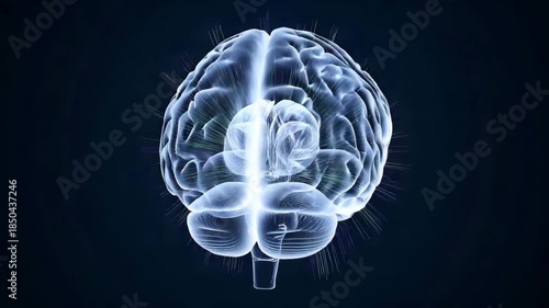 A glowing blue transparent human brain on a dark background with white highlights and lines radiating from it for medical or scientific concepts