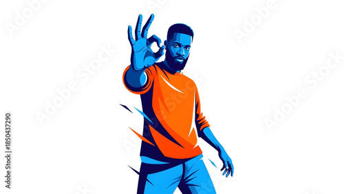 Confident young man showing OK hand gesture with dynamic motion lines, flat vector illustration of success, approval, and positivity in blue and orange style