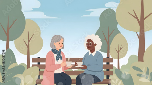 Two senior women drinking tea on a park bench, flat vector illustration of elderly friends enjoying retirement and companionship in a peaceful nature landscape